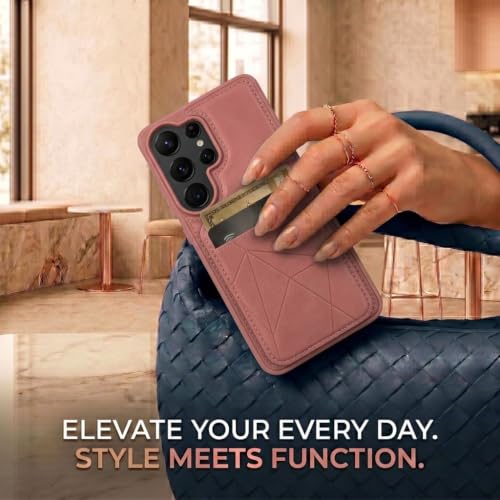 Image of amazon basics Premium Vegan Leather Back Cover with Card Holder and Integrated Mobile Stand for Samsung Galaxy S26 Ultra 5G - Slim Shockproof Wallet Case with Geometric Stitching [Pink]