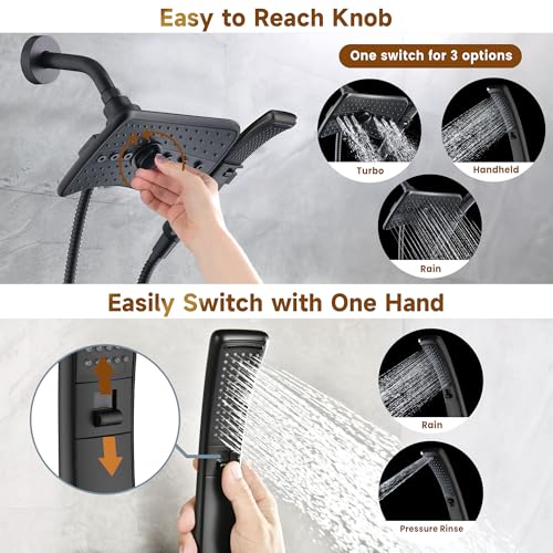 Image of BRIGHT SHOWERS High Pressure Dual Shower Head Combo with Rainfall & Handheld, 4 Spray Settings, Tool-Free Installation, 60 inch Stainless Steel Hose, Matte Black