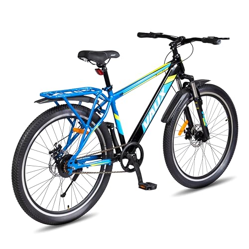 Image of Vaux Stallion-Pro Cycle for Men 26T with Integrated Carrier IBC| 17 inch Steel Frame| Dual-Tone Colors| Dual Disc Brakes| 26 X 2.4 Nylon Tyres| Front Suspension| Single Speed(Blue-Black)
