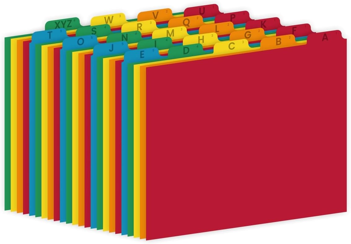 EXTRIC 25 Alphabetical File Organizer - Letter Size File Cabinet Dividers and Desk Organizer, 5 Assorted Colors Heavyweight Manila Guides File Dividers, 1/5 Cut Tab Positions