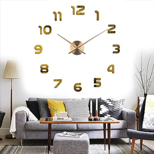 Yolistar Reloj de Pared Moderno DIY, Etiqueta de La Pared del Reloj Mudo 3D, tamaño Grande, Fácil de Montar, para el Hogar, Oficina, Decoración de Pared del Hotel, Número Dorado Grand
