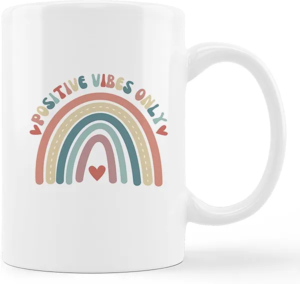 Retro Groovy Positive Vibes Boho Rainbow Heart Ceramic Mug-11oz Coffee Milk Tea Mug Cup with Handle,Positive Gifts for Women Teen Girls Teens