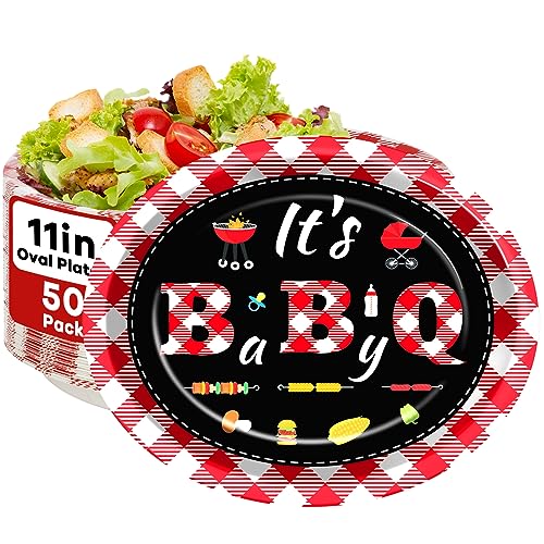 50 Pcs BBQ Oval Plates Summer Barbecue Tableware Supplies Disposable Large Platter Picnic BBQ Paper Plates Red & White Dinner Dessert for Burger Cookout Serving Tray Birthday Carnival Party Decoration