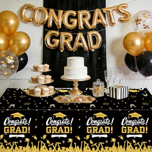 Image of 6 PCS Graduation Tablecloth, Graduation Decorations 2026, Black Gold Graduation Tablecloth Disposable, Plastic Congrats Grad Table Decoration for Class of 2026 Graduation Party Decorations, 108 inch X 54 inch