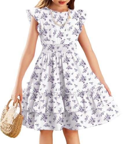Image of Arshiner Girls Dresses Flutter Sleeve A-Line Sundress Casual Summer Tiered Swing Midi Pocket Dress