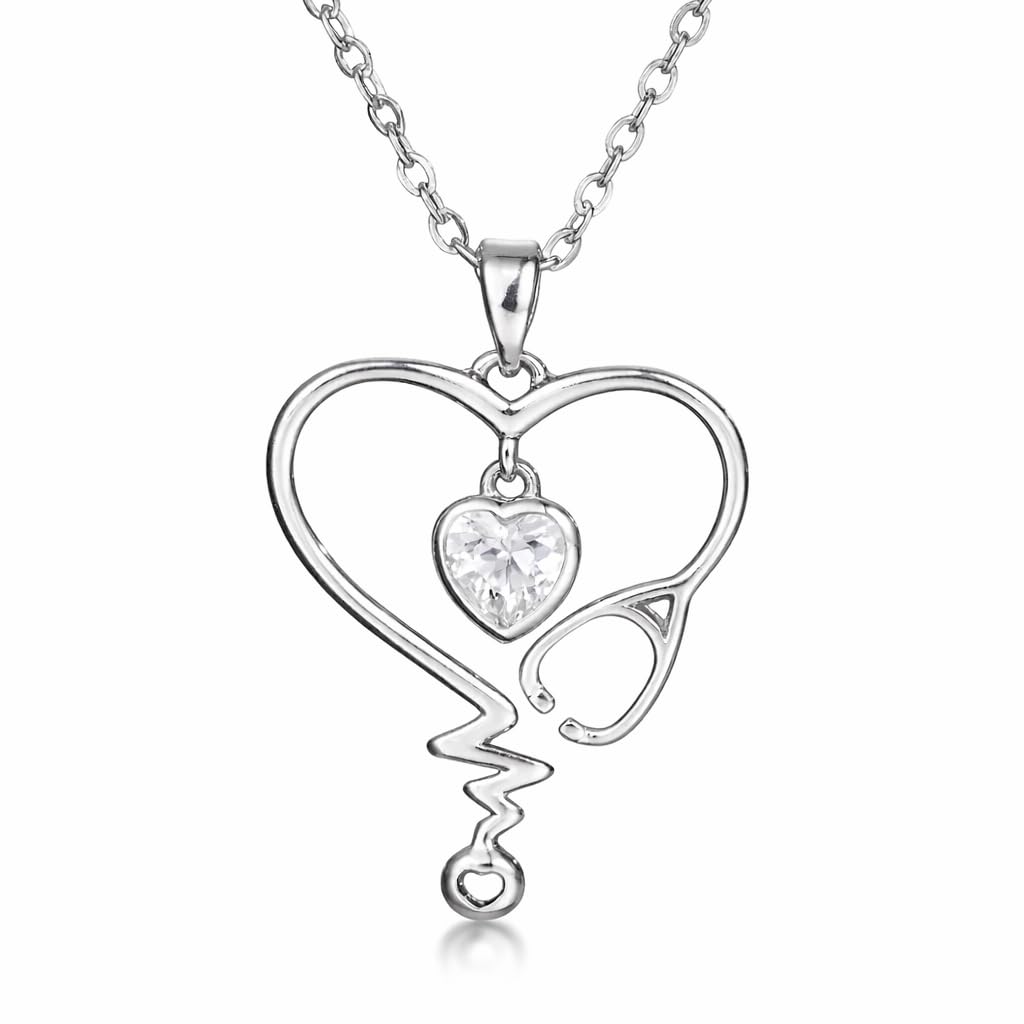 Stethoscope Heart Pendant Necklace with Crystal Heart Stone, Silver Tone, Medical Nurse Doctor Theme Jewelry-image-12