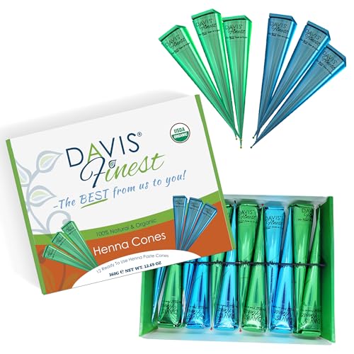 Davis Finest - Natural Henna Cones - 100% Organic & Chemical-Free Mehndi Paste - Dark Brown Colour - Skin Friendly Ready To Use Temporary Tattoo Body Art Kit - Pack of 12 x 30g