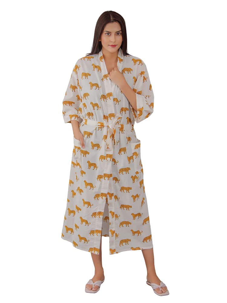 FRAU MANIA Women Cotton Kimono Robe – Lightweight Printed Bathrobe & Loungewear Nightwear for Women, Loose Fit Summer Cover-Up (White Tiger)