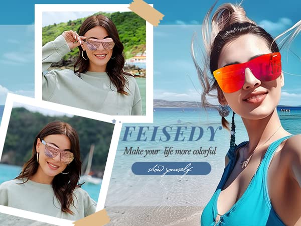 FEISEDY Mirrored Rimless Sunglasses One Piece Lens Reflective Sunglasses for Women Men B26474