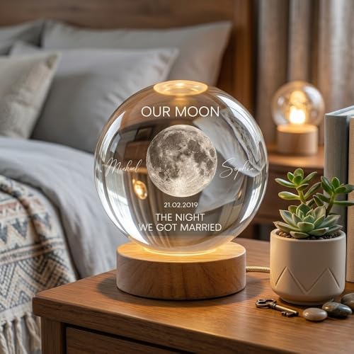 Image of Evamall Custom Moon Phase Crystal Ball Night Light, Personalized LED Crystal Globe for Couples, Wedding Anniversary Keepsake, Valentine's Day Gift, The Night We Got Married