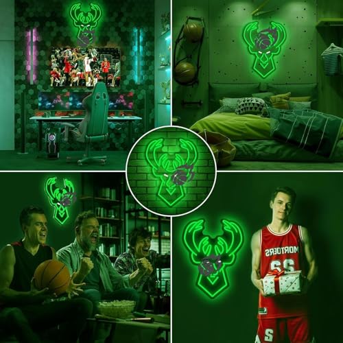 Image of Basketball Team Neon Sign, Sport Light Up Dimmable Milwaukee Basketball Team Logo Hanging USB Powered Led Neon Sign for Wall Decor, Bedroom, Man Cave, Party, Birthday Party Christmas Merch Deco Gift for Boys Teens Fans