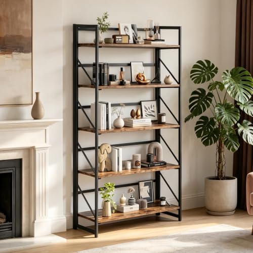 Image of JSB 5 Tier No Assembly Folding Bookshelf, 30.7 inch Wide Foldable Storage Bookcase for Home Office, Space-Saving Storage Shelf for Living Room