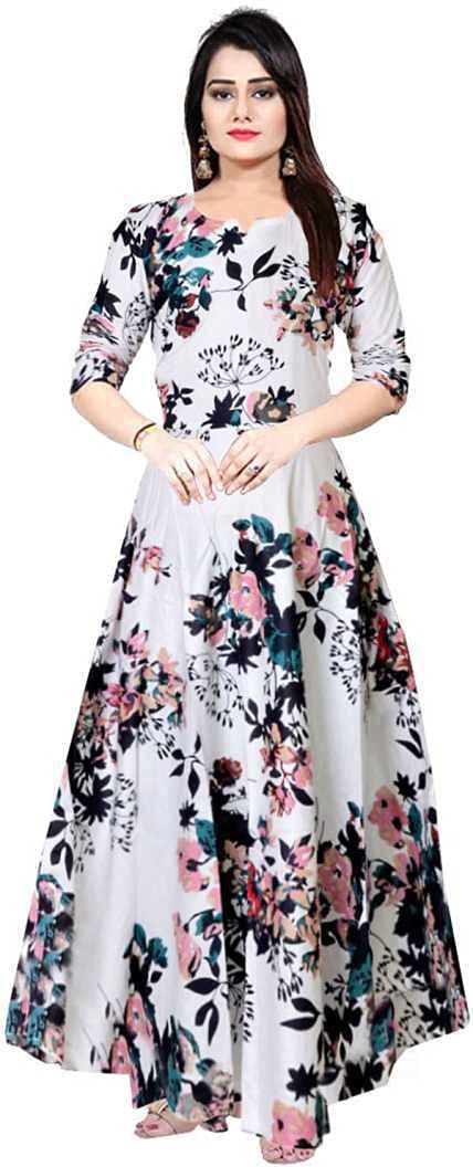CHHAVNI Women Printed Gown Kurta Rayon Printed Maxi Long Gown White Dress.-image-8