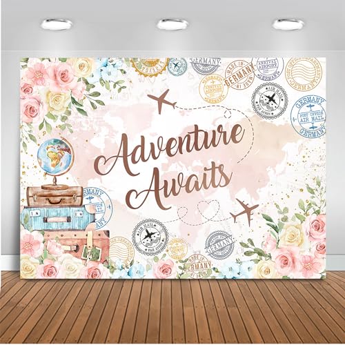 Mocsicka Adventure Awaits Backdrop Pink Floral Let The Adventure Begin Party Decorations Photo Backdrops World Map Global Travel Airplane Birthday Bridal Shower Photography Background (7x5ft)