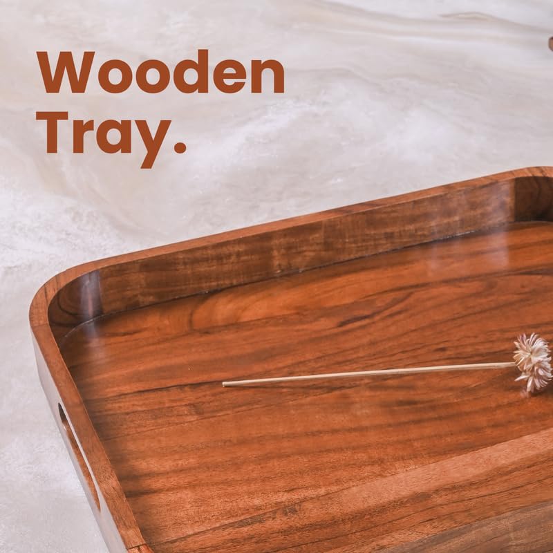 Image of Wooden Serving Tray - 15 Inch Rectangular Wooden Tray for Coffee Table, Kitchen, Breakfast & Home Decor | Multipurpose Organizer & Gift (Flat Handle)