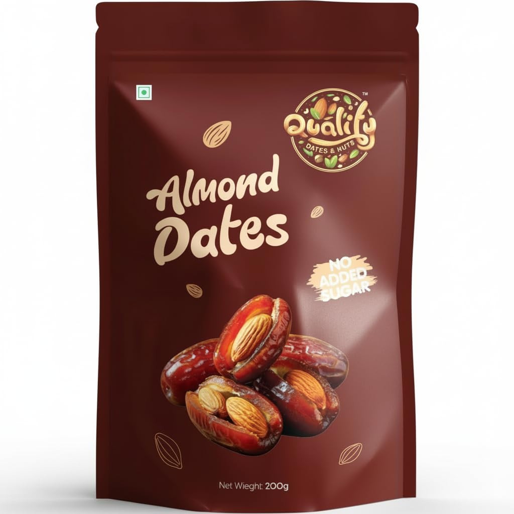 Quality Dates & Nuts Almond Stuffed Dates 200g | Stuffed with Roasted California Almonds, No Sugar Added, High Protein Snack, Energy Booster, Gluten Free