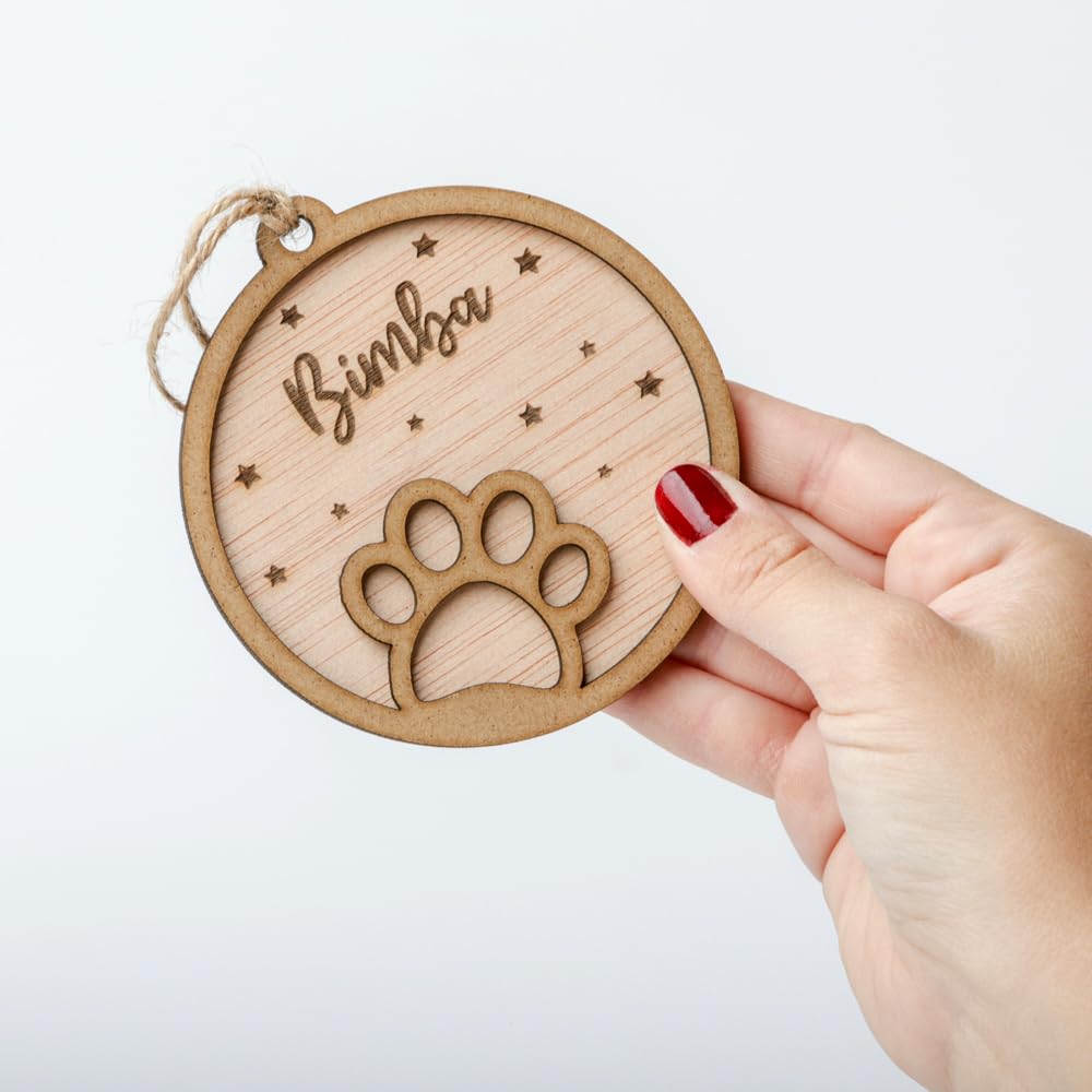 Bolas de Navidad Personalizada - Bolas arbol de navidad - Personalizada con Nombre de Madera - Decoracion navidad - Grabado Alta Calidad - Cuerda incluida (Huella 1)