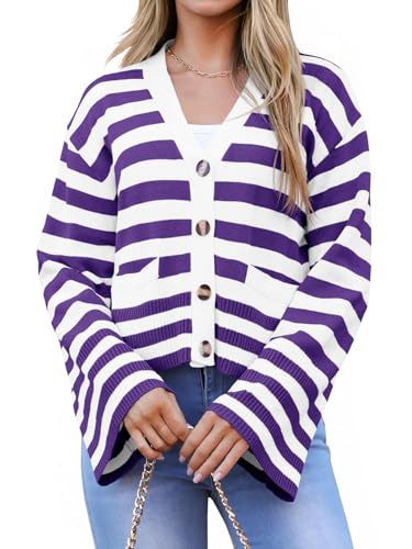 Image of Saodimallsu Womens Striped Cardigan Sweaters Cropped Fall Button Open Front Long Sleeve Knit Sweater Coat with Pockets