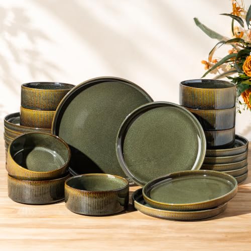 Image of TheTerra Ceramic Dinnerware Set for 8, 24-Piece Plates and Bowls Set | Lightweight Porcelain Dish Set, Scratch Resistant, Oven & Microwave & Dishwasher Safe, Olive Green