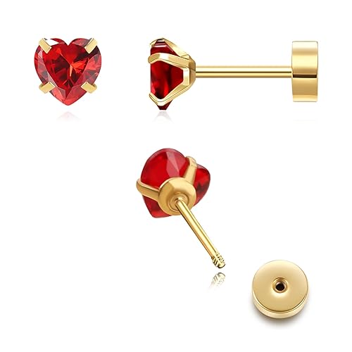 Red Heart Flat Back Stud Earrings Hypoallergenic as Valentines Day Gifts for Her, Red Nap Cartilage Earring for Women, 18k Gold Surgical Steel