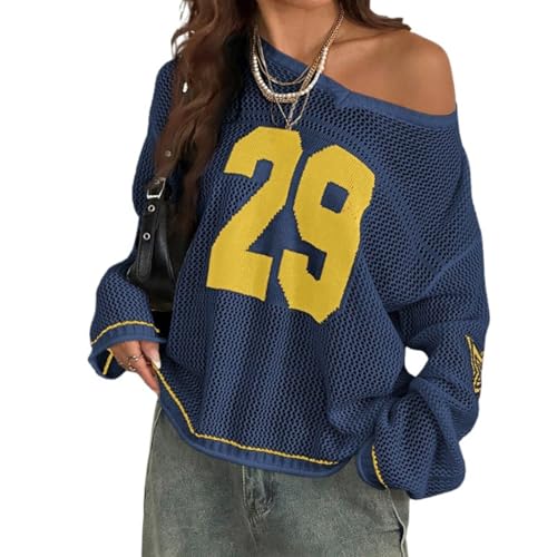 Hollow Out Crochet Jersey Shirts for Women Oversized Sweater Y2k Tops V Neck Graphic Tee 90s Pullover Sweaters