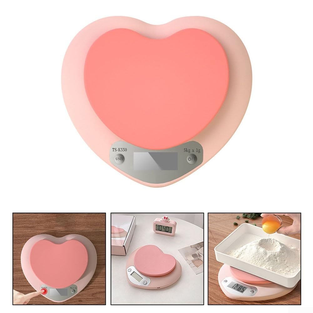 Zilimontt Bilancia da cucina ad alta precisione, design elegante e compatto, display LCD a forma di cuore rosa, bilancia digitale da cucina con funzione tara, accessori da cucina