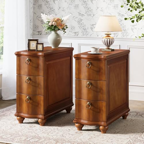 Tribesigns Wood End Table Set of 2, Fully Assembled Narrow Slim Side Table, No Assembly Required, Nightstand for Bedside, Small Spaces, Living Room, Bedroom, Walnut Brown