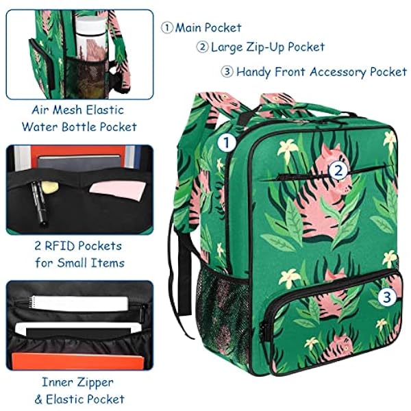 School Rugzak Voor Tiener Meisjes Jongens, Casual Reizen Schoudertas Voor Mannen Vrouwen Tijger Omringd door Bladeren Groen, Multi kleuren