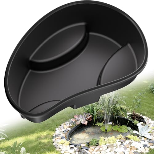 POPOSOAP Preformed Pond Liner 33 Gallon Rigid Plastic Pond Tub Heavy Duty U-V Resistant Basin with Integrated Plant Shelves for Backyard Garden and Patio Landscaping P797