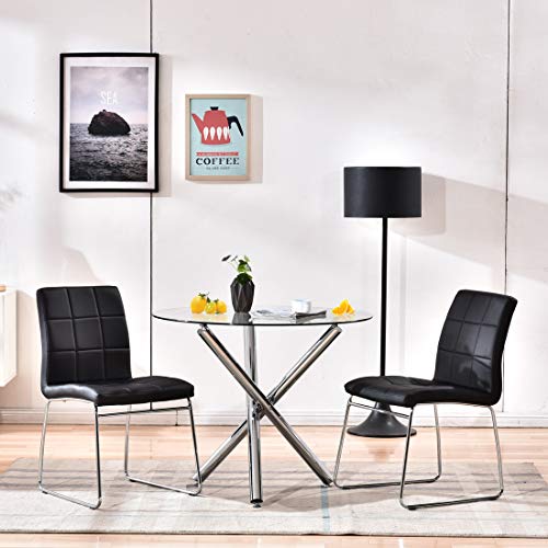 Modern Dining Table Chairs Set,Round Table with Clear Tempered Glass Top+2 Black Faux Leather Dining Chairs Set for 2 Person,Kitchen Dining Room Table and Chairs Set for Home(1 Table + 2 Black Chairs)
