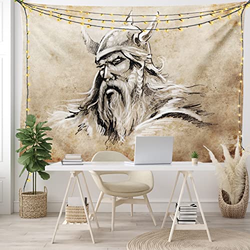 Lunarable Viking Tapestry, Sketch Style Scandinavian Warrior With Beard And Hat Masculine Portrait Tattoo, Wide Wall Hanging For Bedroom Living Room Dorm, 60" X 40", Beige Tan #TOP6