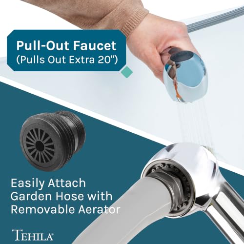 Image of JS Jackson Supplies Tehila White Wall-Mounted Utility Sink Tub Kit with Chrome Finish Pullout Faucet, Wall-Mounted Utility Tub with Wall Bracket for Laundry Room, Garage, Workshop