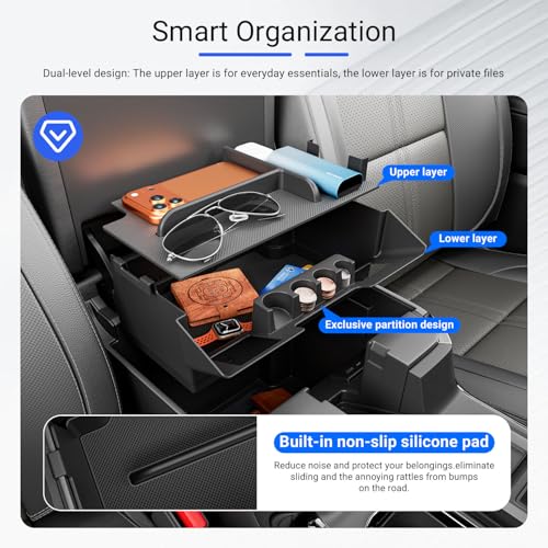 Image of Center Console Organizer Compatible with 2022-2026 Chevy Silverado GMC Sierra 1500 24-26 2500 3500 Armrest Storage Organizer Tray Replacement for 2022-2026 Chevy Silverado Accessories