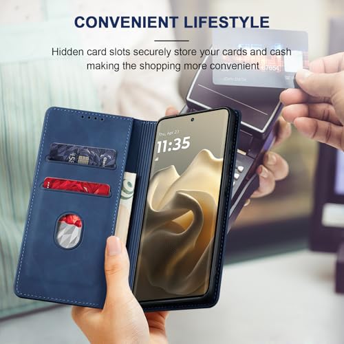 Image of Jasonyu Case for Motorola Edge 60 Pro Leather Wallet Flip Cover with Card Holder,Kickstand, Magnetic Closure,TPU Shockproof Phone Case,Blue