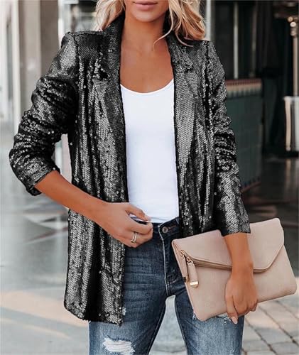 Womens Casual Open Front Sequin Blazer Jackets Women's Sequin Blazer Long Sleeves Lapel Sparkly Coat Glitter Jacket2