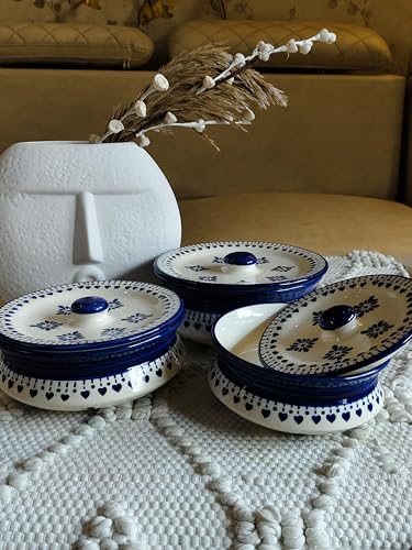 Image of Niyara Stoneware Handmade Ceramic Handpainted Multipurpose Storage Ceramic Jars & Containers with Lid Microwave Dishwasher Safe(Set of 3,) - Kitchen Storage /Serving Snacks Dish (Blue Berry)