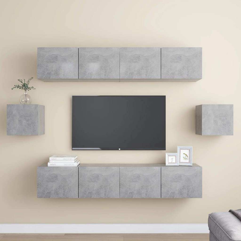 Set di Mobili Porta TV in Legno Multistrato Grigio Cemento con 6 pezzi, Supporto Parete e Mensole, Scaffale con Cassetti e Ripiani, Base e Consolle per Soggiorno