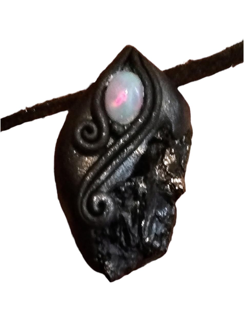 Sophias DreamingInner Strength. Black Tourmaline Necklace Raw Fire Opal Crystal Stone Pendant. Genuing Natural Gemstones for Confidence Courage and Resilience Jewelry (E)