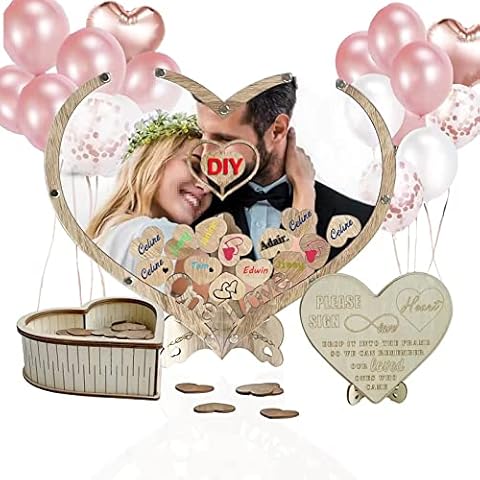 Libro de visitas boda de madera con 65 corazones y cuadro Cover