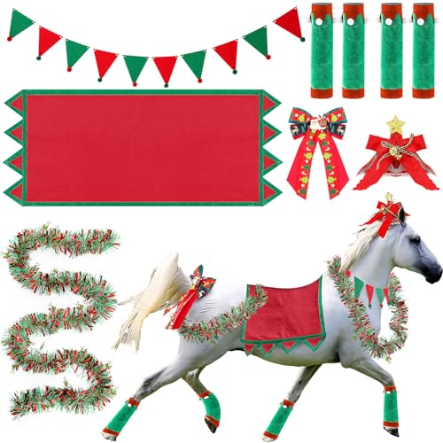 Cosblank 10 Pcs Christmas Horse Costume Accessories Horse Christmas Parade Costume Christmas Saddle Pad Horse Leg Wraps Horse Neck Garland Pennant Bow for Xmas Holiday Decor Party Parade Supplies