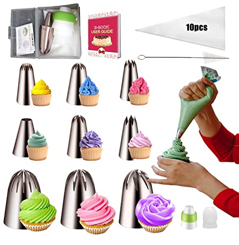 YIN AISIKE 22Pcs Piping Nozzles Set Stainless Piping Tip Set with 10 Pastry Piping Bags Anti - Burst Cupcake Icing Bags 2 Couplers for Cake Decoration Cupcake Baking Cookie