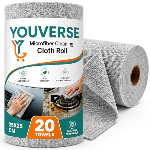 Image of Microfiber Cleaning Cloth Roll 20Pcs | Reusable Kitchen Cleaning Clothes 25x25cm | 4000 Times Washable | Ultra Absorbent Microfiber Cloth Roll for Kitchen, Car, Glass & Home Cleaning (Grey)