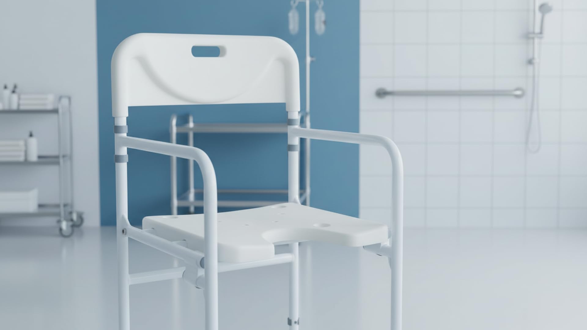 Ausilium Sedia da Doccia Pieghevole con Ruote e Freni per Anziani e Disabili - Sedia Bagno in Alluminio Regolabile in Altezza, Seduta Ergonomica Antiscivolo - Portata 114 kg