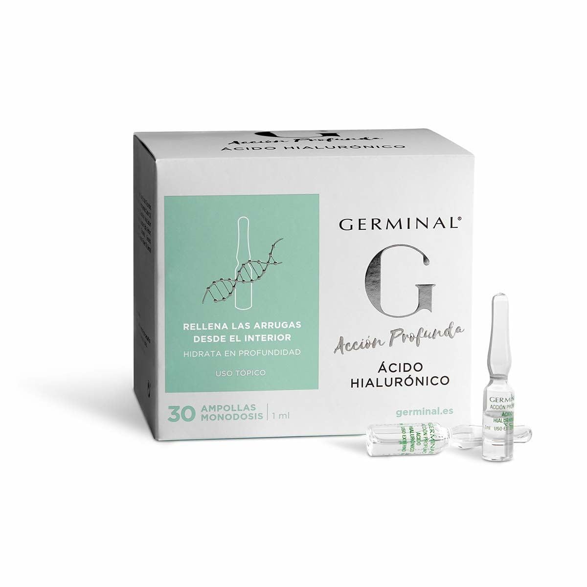 Germinal tiefwirkende Hyaluronsäure– Gesichtsserum mit Hyaluronsäure Konzentrat für einen feuchtigkeitsspendenden Effekt, Anti-Falten und Anti-Age. 30 Ampullen zu je 1 ml.