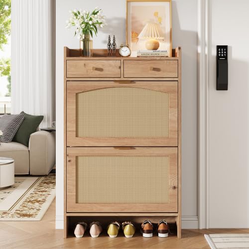 Armadio Scarpe 65cm Rattan, 2 ribaltabili, 2 cassetti, Legno