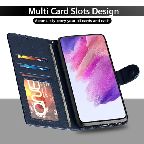 Image of Amazon Basics Flip Cover for Samsung Galaxy S21 FE 5G Leather Finish | Wallet Stand and Shock Proof | Inside TPU with Card Pockets | Complete Protection Flip Case (Blue)