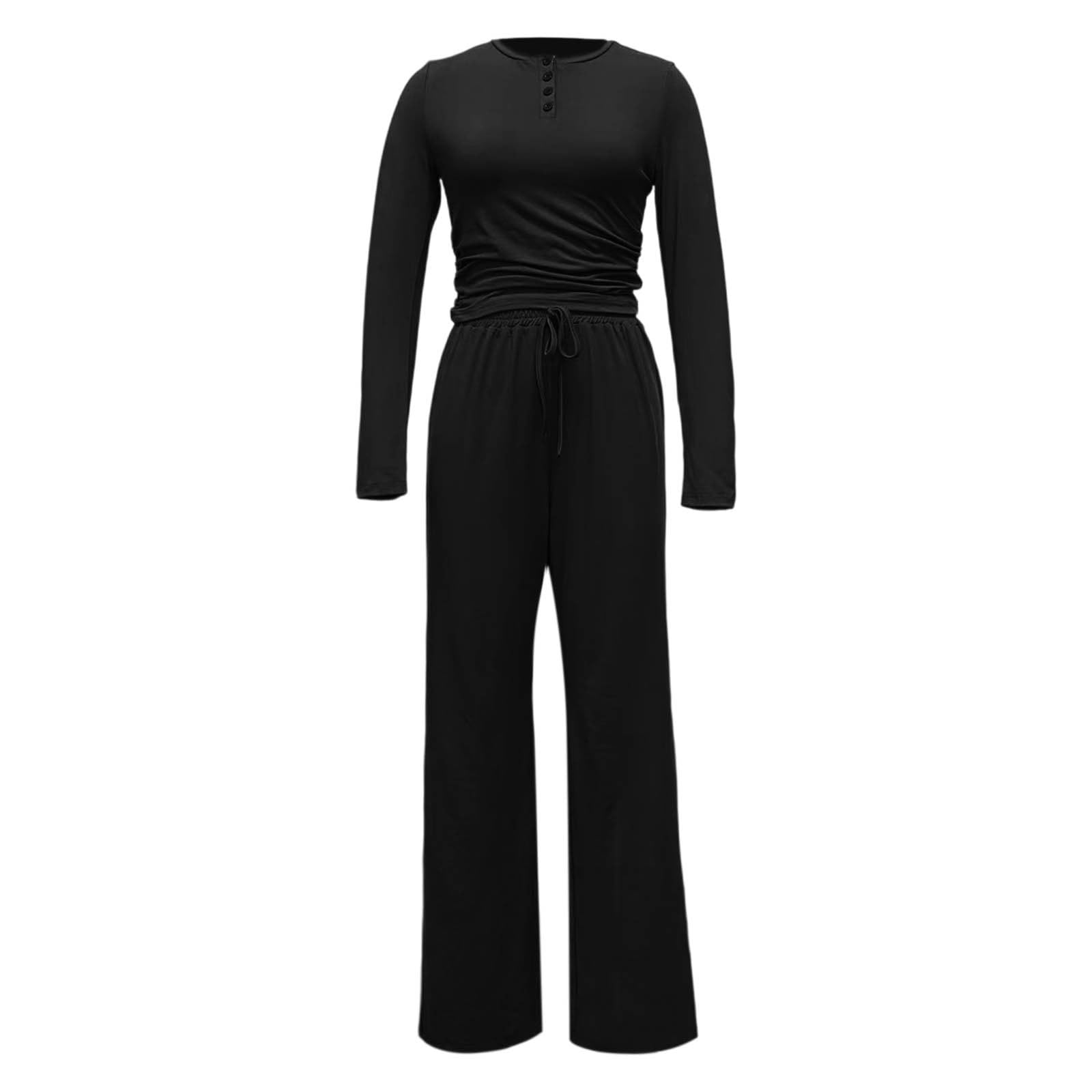 Top casual a maniche lunghe con bottoni e pantaloni a gamba larga, comodo outfit da indossare
