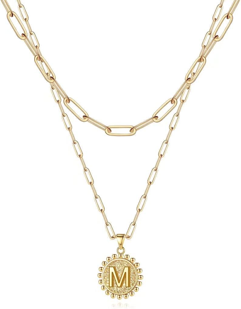 Layered Choker Necklaces for Women, 14K Gold Plated Dainty Layering Paperclip Chain Necklace Simple Adjustable Initial Coin Pendant Necklaces Layered Gold Chain Necklaces for Women Jewelry Gifts