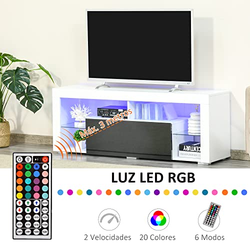 HOMCOM-Mueble-de-TV-para-Televisiones-de-55Pulgadas-Mesa-para-TV-de-Salon-con-Luz-LED-6-Modos-de-Colores-Mando-a-Distancia-Cajon-y-Estantes-de-Cristal-Ajustables-140x35x52-cm-Blanco