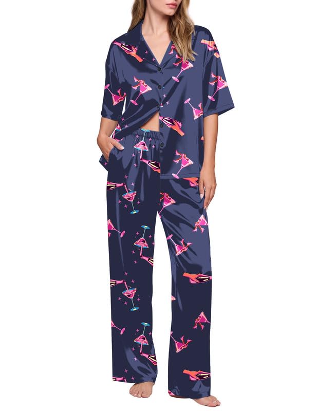 Ekouaer Silk Satin Pajamas Set Women Short Sleeve Pj Sets Button Down Sleepwear 2 Piece Soft Loungewear Navy Martini L